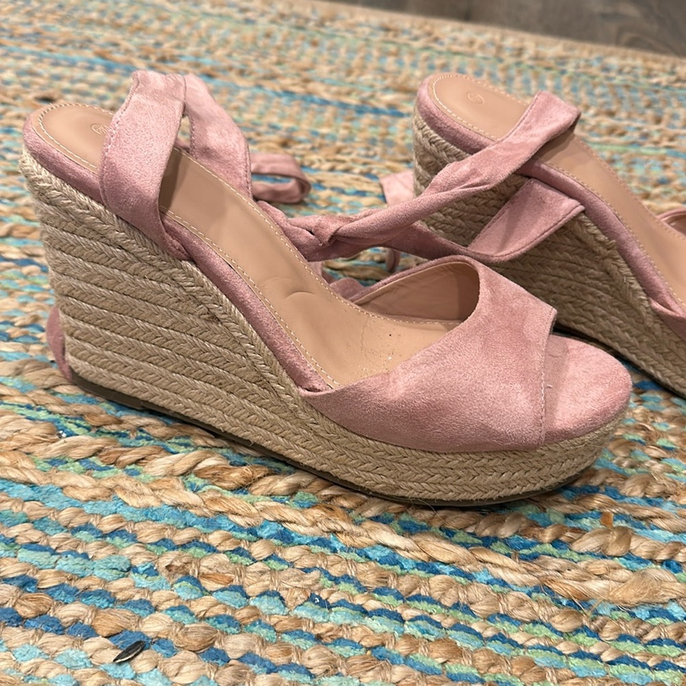 Pink suede wedge heels